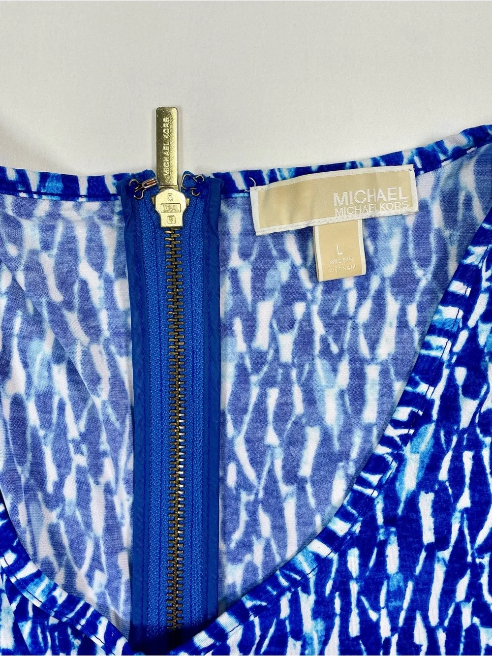 Michael Kors Royal Blue Printed Scoop-Neck Short Sleeve Mini Dress L